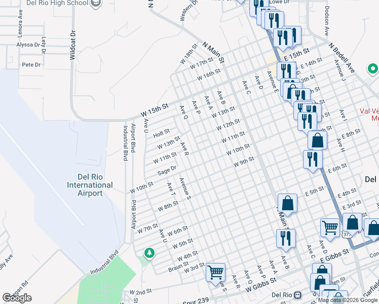 map of restaurants, bars, coffee shops, grocery stores, and more near 601 West 11th Street in Del Rio