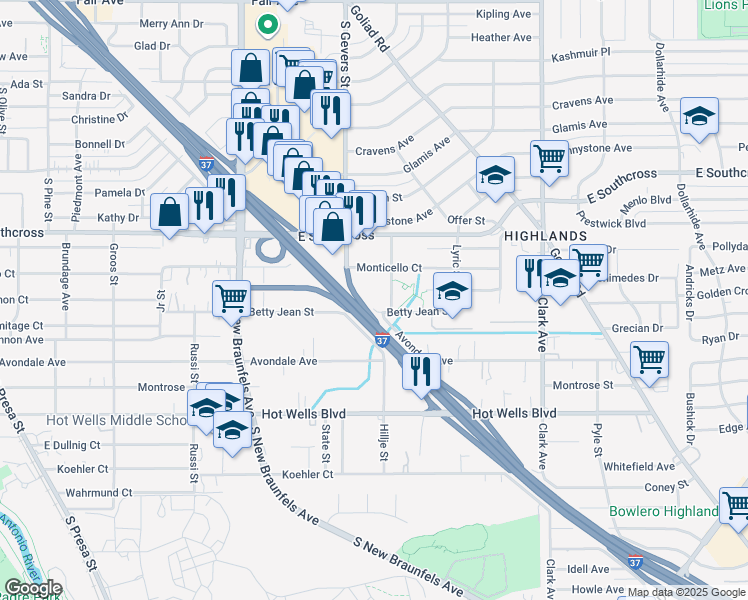 map of restaurants, bars, coffee shops, grocery stores, and more near 421 Betty Jean Street in San Antonio