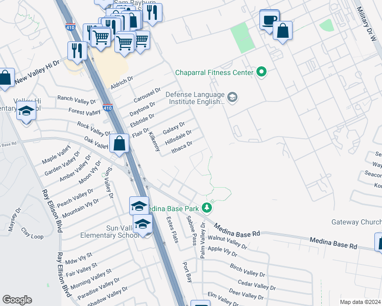 map of restaurants, bars, coffee shops, grocery stores, and more near 7043 Heathers Pond in San Antonio