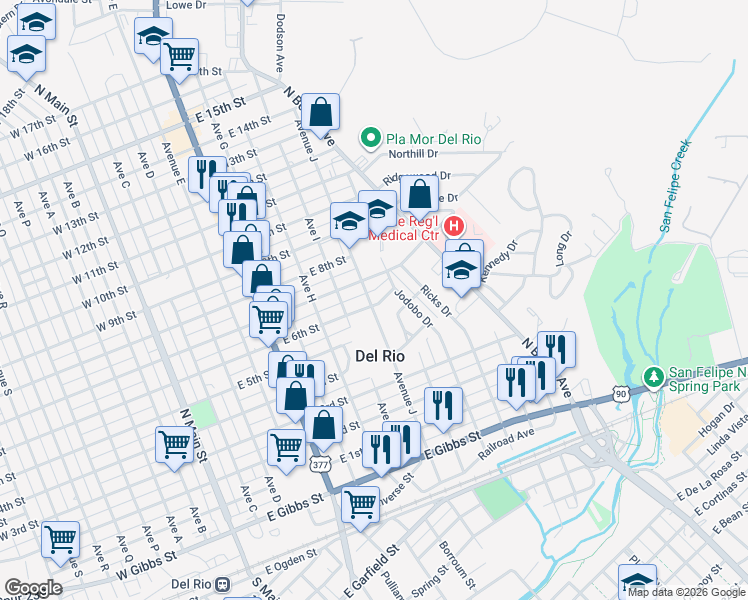 map of restaurants, bars, coffee shops, grocery stores, and more near 900 East 6th Street in Del Rio