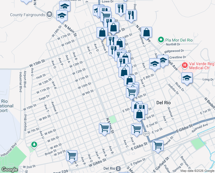 map of restaurants, bars, coffee shops, grocery stores, and more near 1052-1098 Ave D in Del Rio