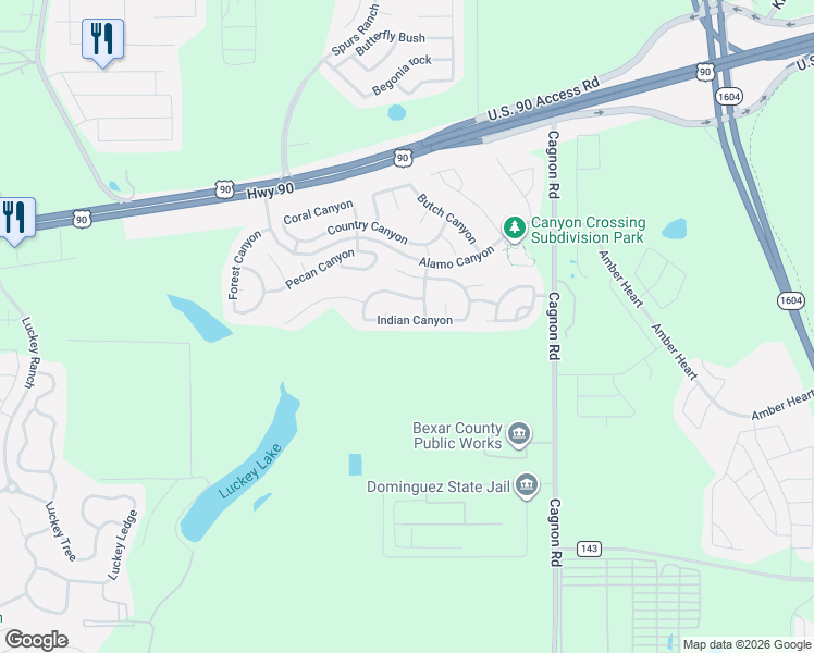 map of restaurants, bars, coffee shops, grocery stores, and more near 11340 Indian Canyon in San Antonio