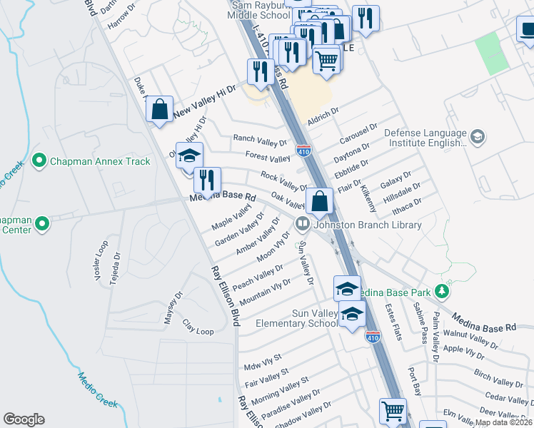 map of restaurants, bars, coffee shops, grocery stores, and more near 106 Garden Valley Street in San Antonio