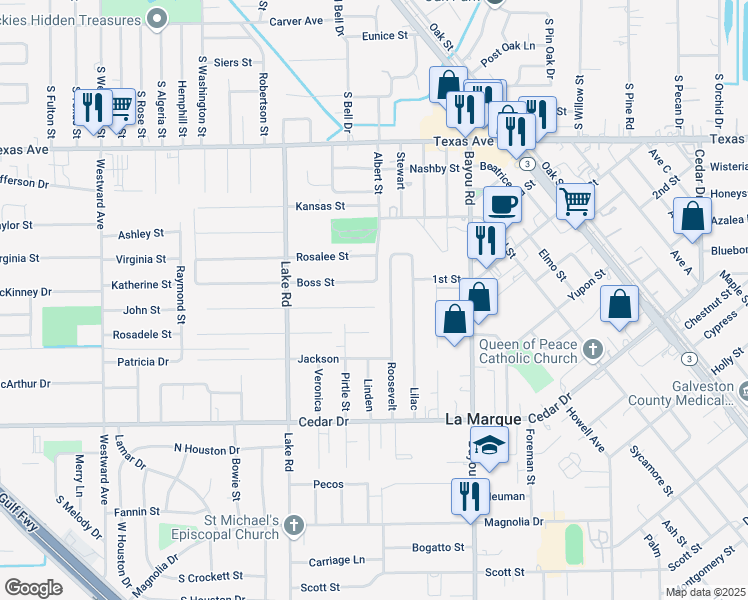 map of restaurants, bars, coffee shops, grocery stores, and more near 714 Roosevelt in La Marque