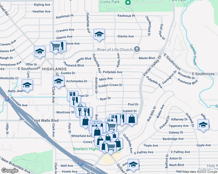 map of restaurants, bars, coffee shops, grocery stores, and more near 402 Golden Crown Drive in San Antonio