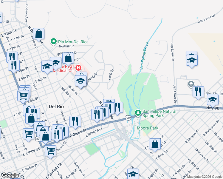 map of restaurants, bars, coffee shops, grocery stores, and more near 110-122 McGregor Court in Del Rio
