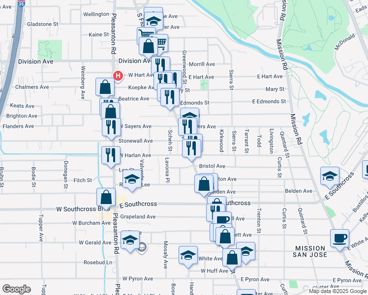 map of restaurants, bars, coffee shops, grocery stores, and more near 5310 South Flores Street in San Antonio