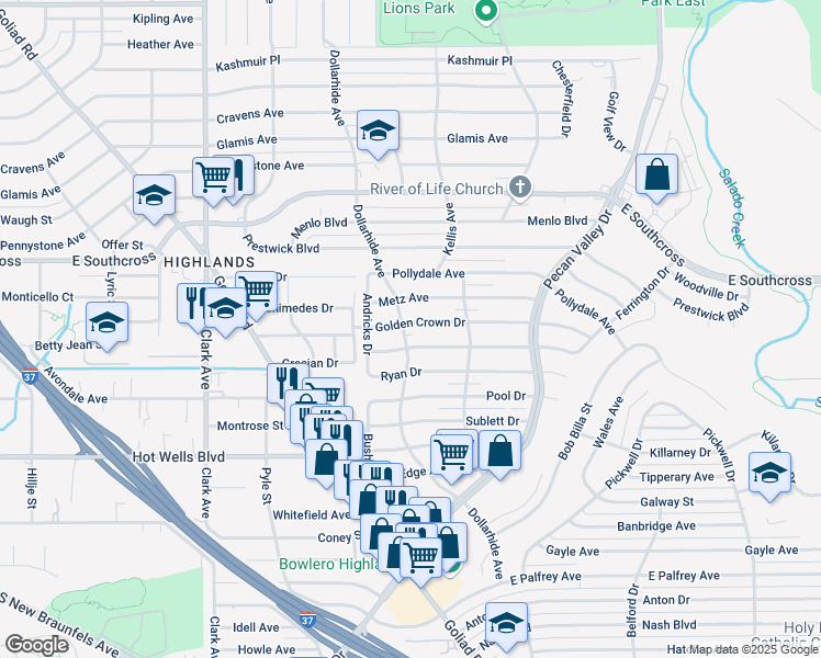 map of restaurants, bars, coffee shops, grocery stores, and more near 402 Golden Crown Drive in San Antonio