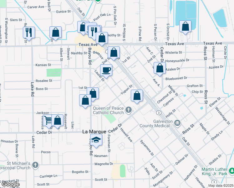 map of restaurants, bars, coffee shops, grocery stores, and more near 525 Laurel Street in La Marque