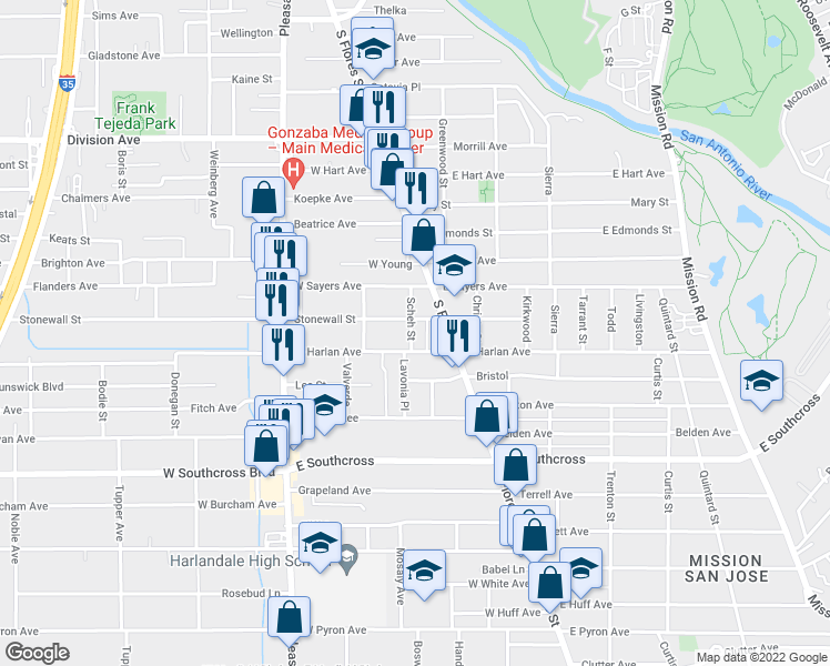 map of restaurants, bars, coffee shops, grocery stores, and more near 210 Scheh Street in San Antonio