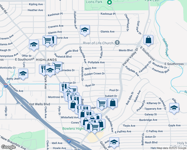 map of restaurants, bars, coffee shops, grocery stores, and more near 402 Golden Crown Drive in San Antonio