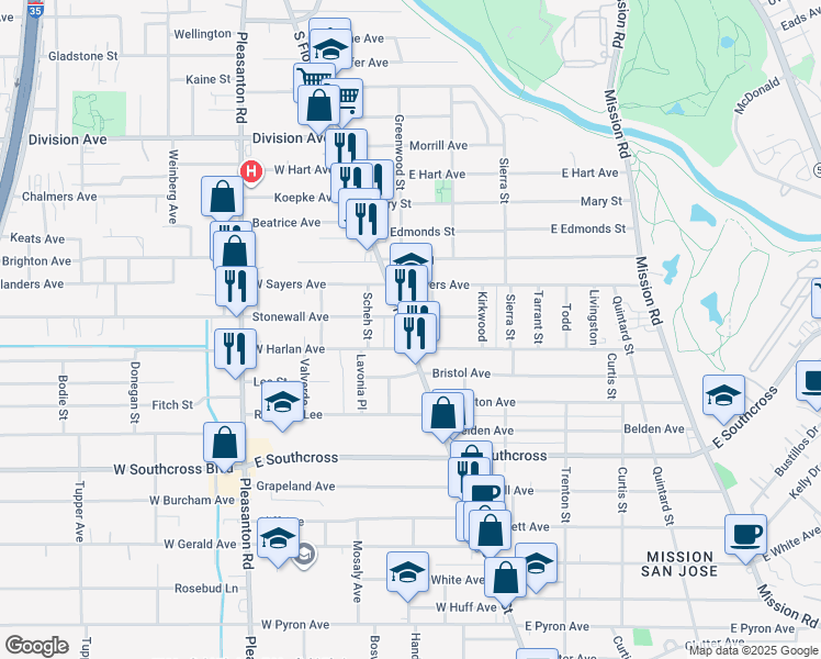 map of restaurants, bars, coffee shops, grocery stores, and more near 5310 South Flores Street in San Antonio