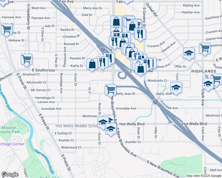 map of restaurants, bars, coffee shops, grocery stores, and more near 4521 South New Braunfels Avenue in San Antonio