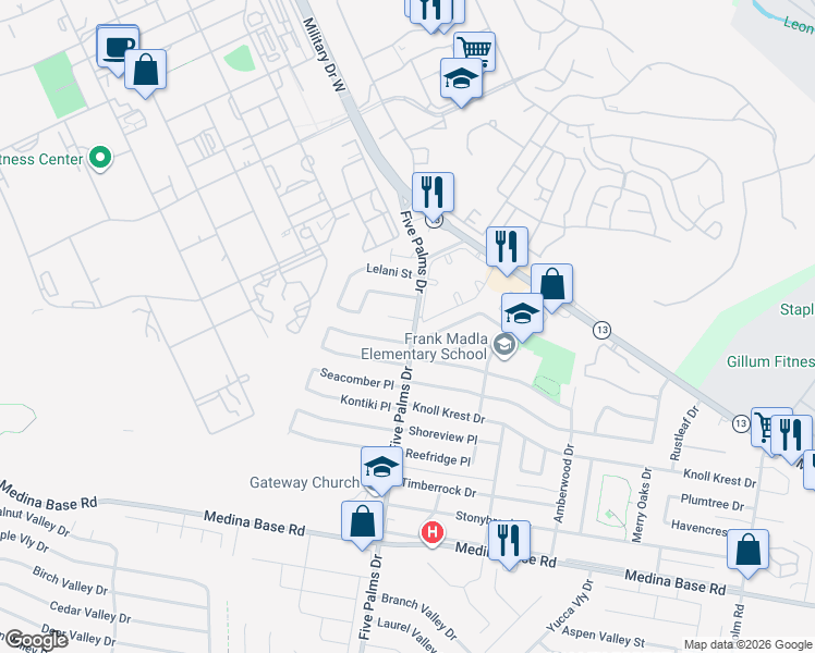 map of restaurants, bars, coffee shops, grocery stores, and more near 102 Tropicana Place in San Antonio