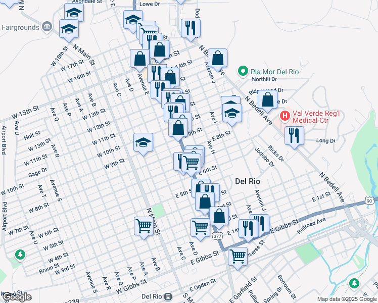 map of restaurants, bars, coffee shops, grocery stores, and more near 903 Veterans Boulevard in Del Rio