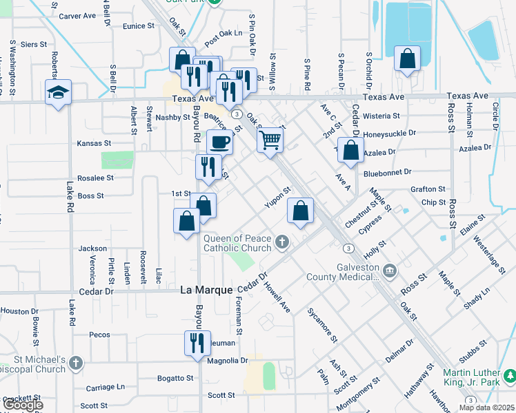 map of restaurants, bars, coffee shops, grocery stores, and more near 525 Laurel Street in La Marque
