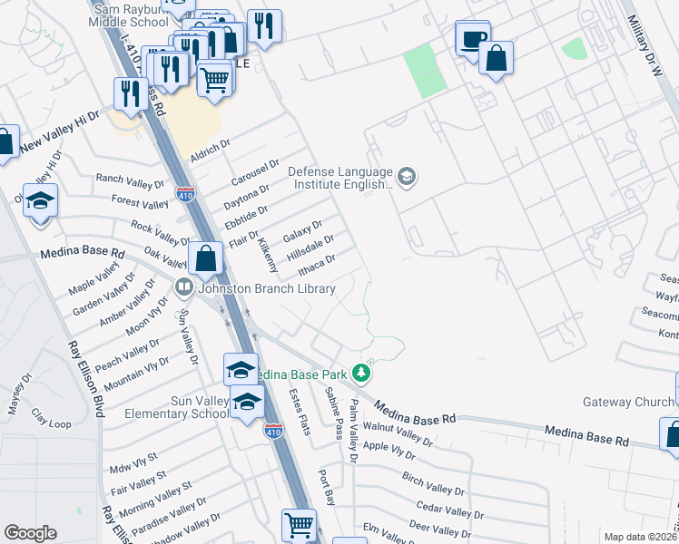 map of restaurants, bars, coffee shops, grocery stores, and more near 7043 Heathers Pond in San Antonio