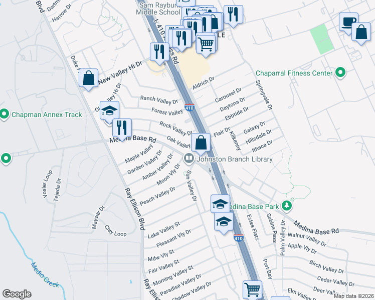 map of restaurants, bars, coffee shops, grocery stores, and more near 130 Oak Valley Drive in San Antonio