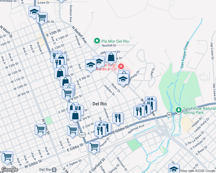 map of restaurants, bars, coffee shops, grocery stores, and more near 201 Jodobo Drive in Del Rio