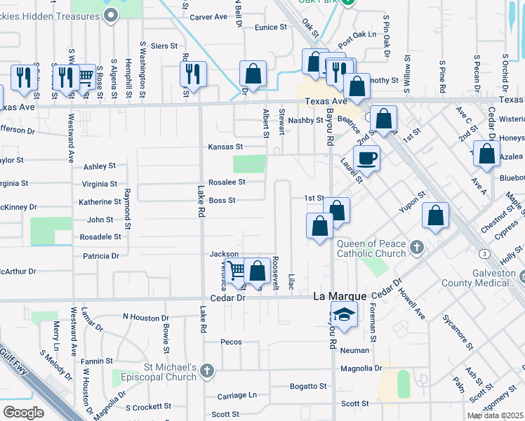 map of restaurants, bars, coffee shops, grocery stores, and more near 1842 Thompson Street in La Marque