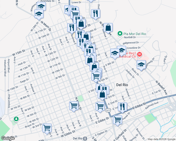 map of restaurants, bars, coffee shops, grocery stores, and more near 402 E 8th St in Del Rio