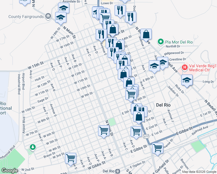 map of restaurants, bars, coffee shops, grocery stores, and more near 1052 Avenue D in Del Rio