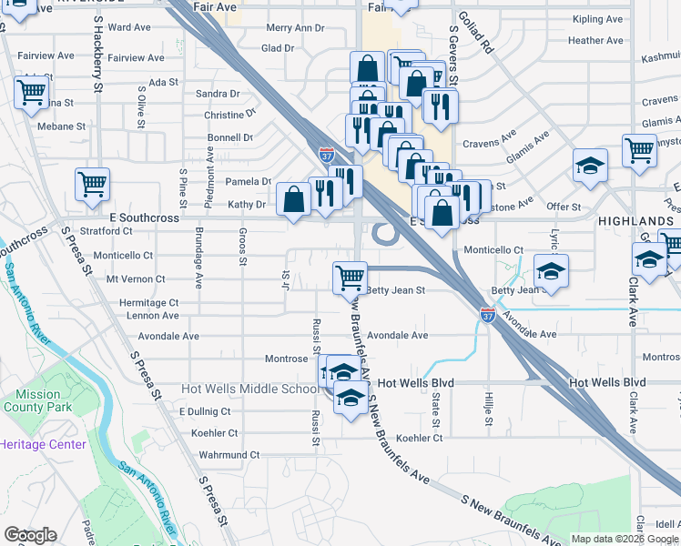 map of restaurants, bars, coffee shops, grocery stores, and more near 4521 South New Braunfels Avenue in San Antonio