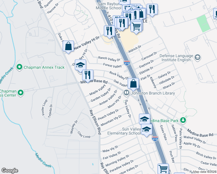 map of restaurants, bars, coffee shops, grocery stores, and more near 106 Garden Valley Street in San Antonio