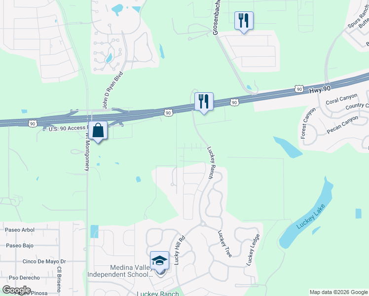 map of restaurants, bars, coffee shops, grocery stores, and more near 12260 U.S. 90 Access Road in San Antonio