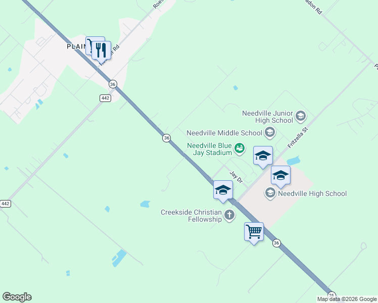 map of restaurants, bars, coffee shops, grocery stores, and more near 16042 Texas 36 in Needville