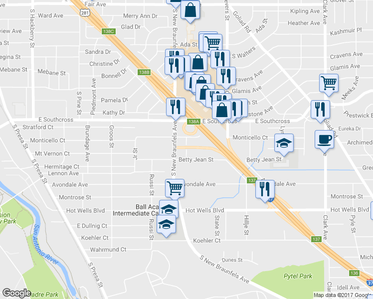 map of restaurants, bars, coffee shops, grocery stores, and more near 126 Wren Street in San Antonio