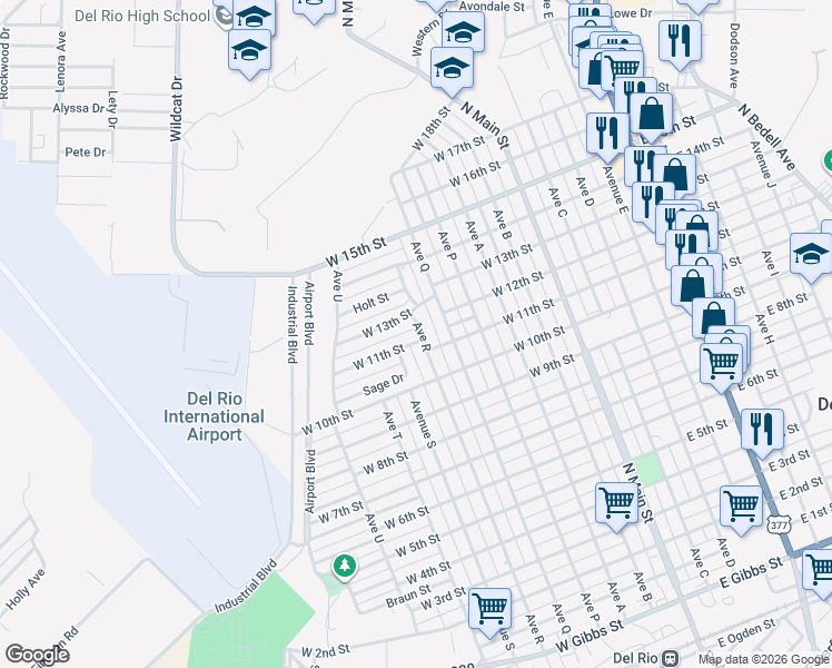 map of restaurants, bars, coffee shops, grocery stores, and more near 601 West 11th Street in Del Rio