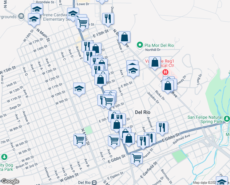 map of restaurants, bars, coffee shops, grocery stores, and more near 608 E 7th St in Del Rio