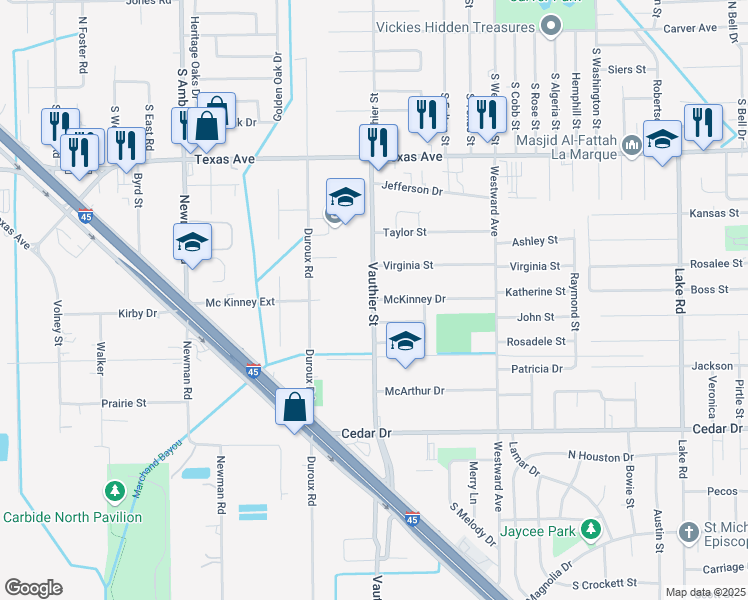 map of restaurants, bars, coffee shops, grocery stores, and more near 3914 McKinney Drive in La Marque