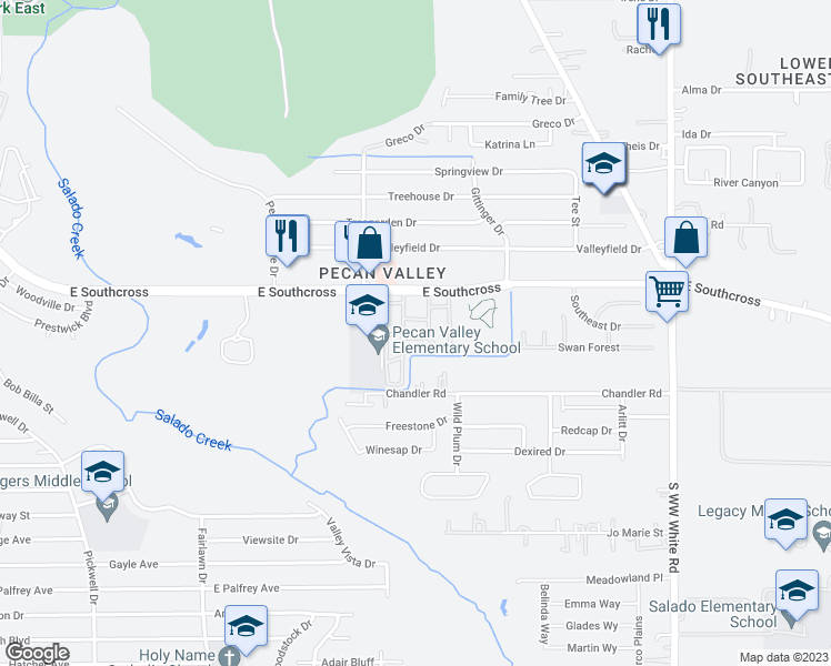 map of restaurants, bars, coffee shops, grocery stores, and more near 4032 East Southcross in San Antonio