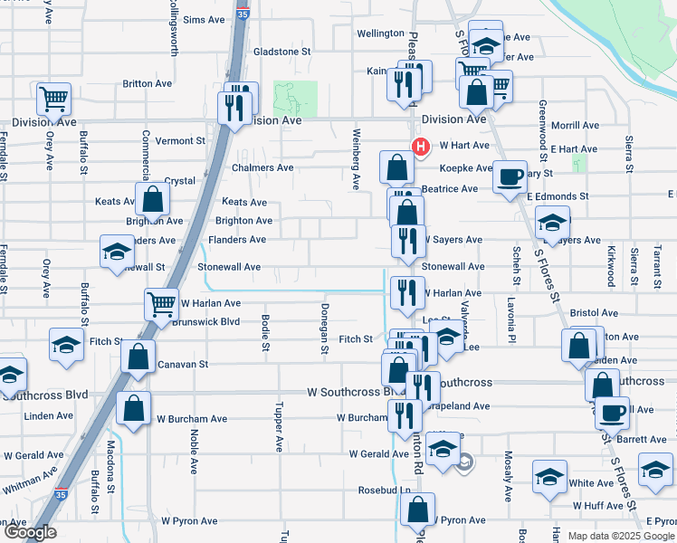 map of restaurants, bars, coffee shops, grocery stores, and more near 480 Stonewall Street in San Antonio