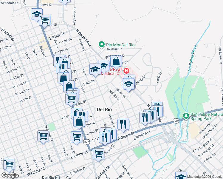 map of restaurants, bars, coffee shops, grocery stores, and more near 201 Jodobo Drive in Del Rio