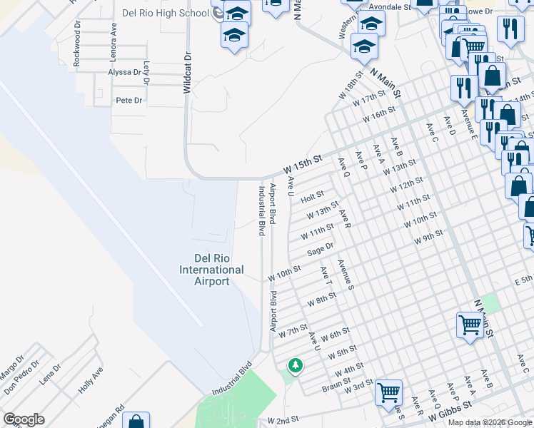 map of restaurants, bars, coffee shops, grocery stores, and more near in Del Rio