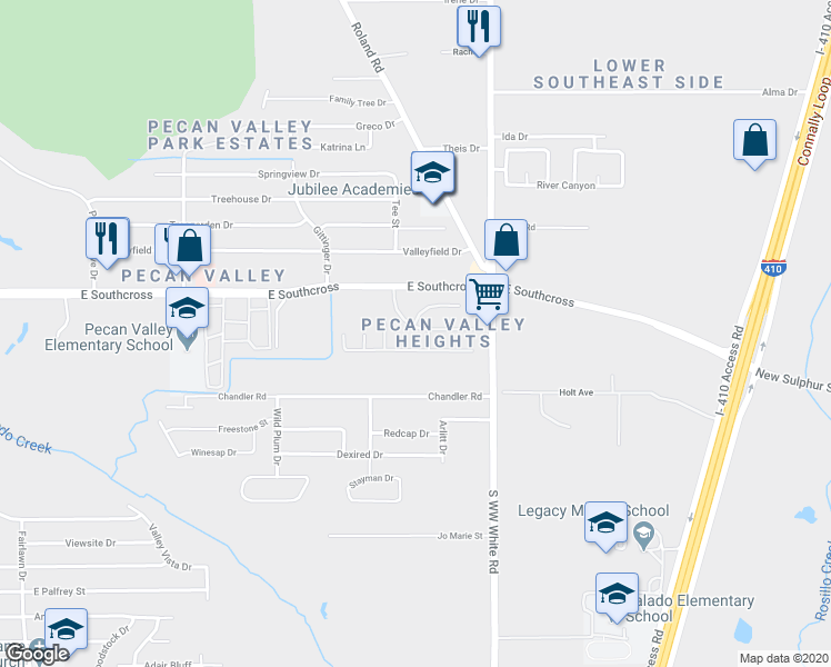 map of restaurants, bars, coffee shops, grocery stores, and more near 4402 Southeast Drive in San Antonio