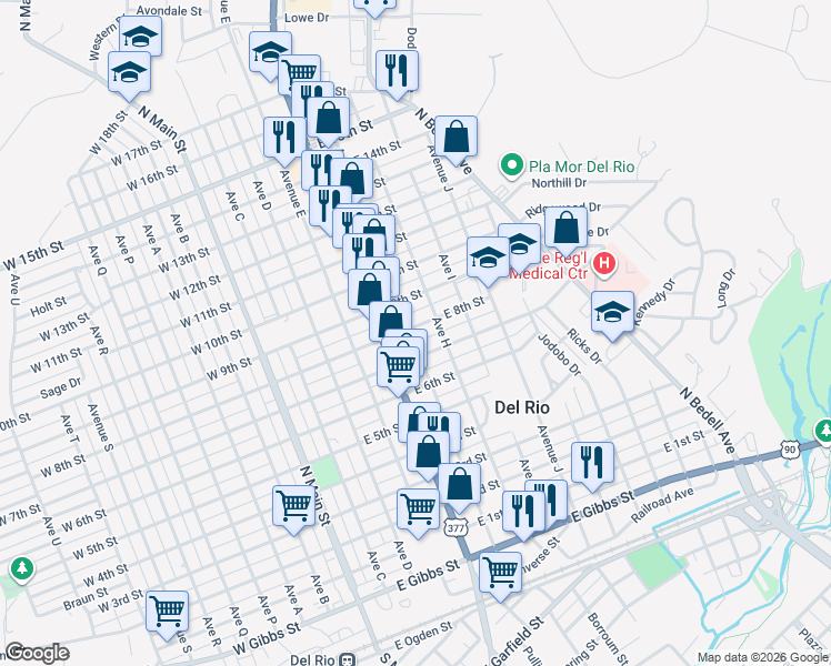 map of restaurants, bars, coffee shops, grocery stores, and more near 903 Veterans Boulevard in Del Rio