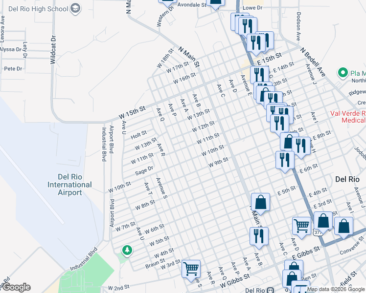 map of restaurants, bars, coffee shops, grocery stores, and more near 500-544 West 11th Street in Del Rio