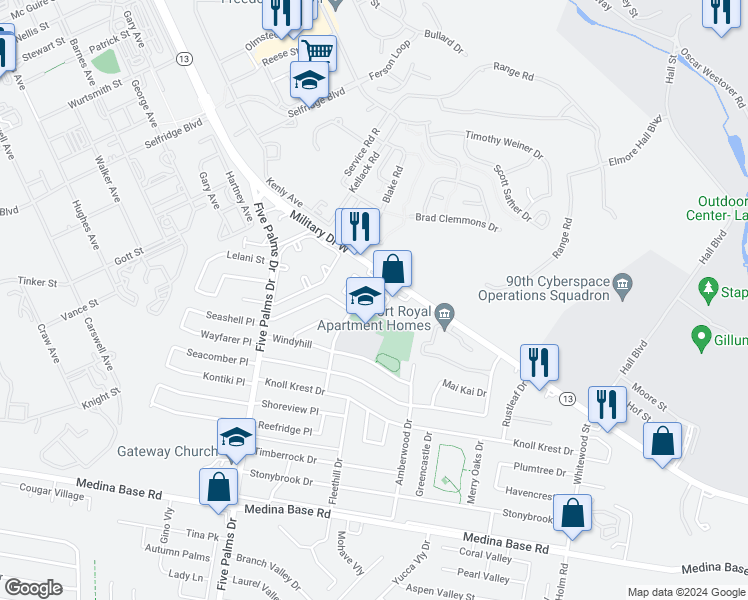 map of restaurants, bars, coffee shops, grocery stores, and more near 5910 Royalgate Drive in San Antonio