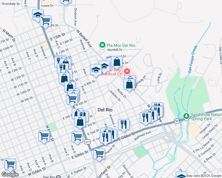 map of restaurants, bars, coffee shops, grocery stores, and more near 201 Jodobo Drive in Del Rio