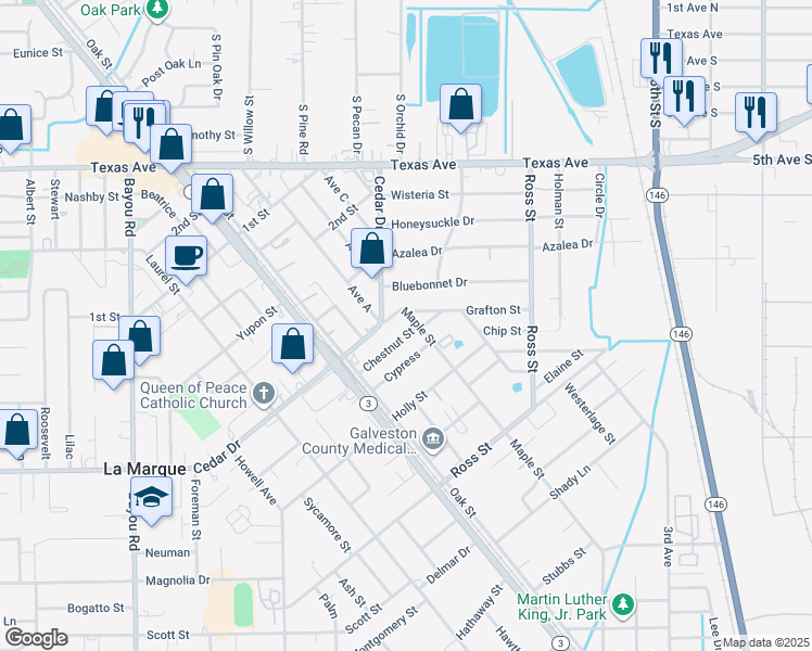 map of restaurants, bars, coffee shops, grocery stores, and more near 818 Cypress in La Marque
