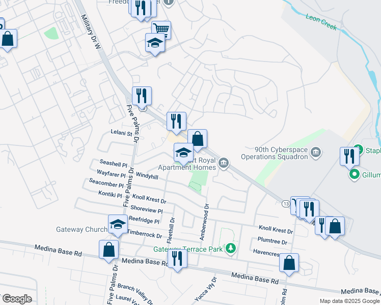 map of restaurants, bars, coffee shops, grocery stores, and more near 5910 Royalgate Drive in San Antonio