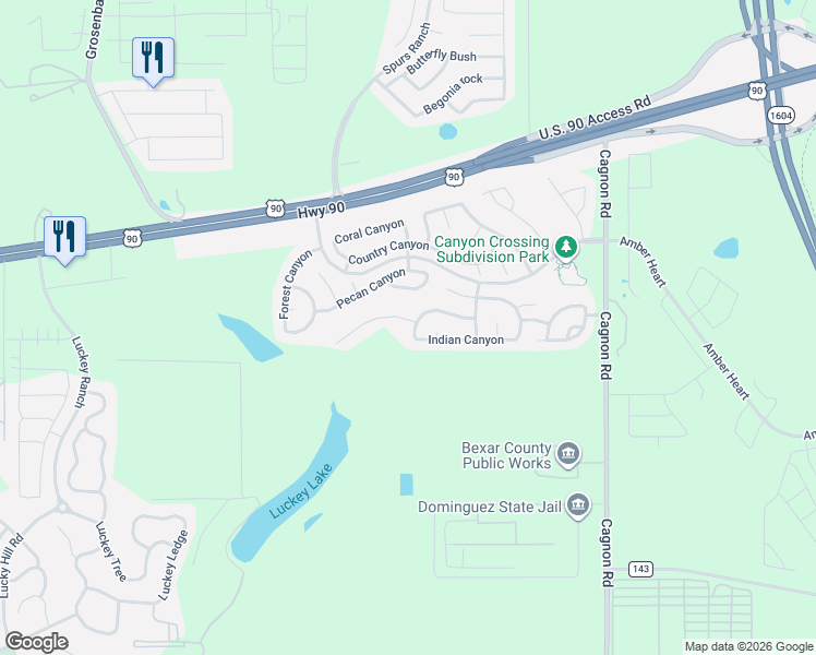 map of restaurants, bars, coffee shops, grocery stores, and more near 11458 Indian Canyon in San Antonio