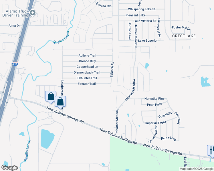 map of restaurants, bars, coffee shops, grocery stores, and more near 4838 East Ranch Road in San Antonio
