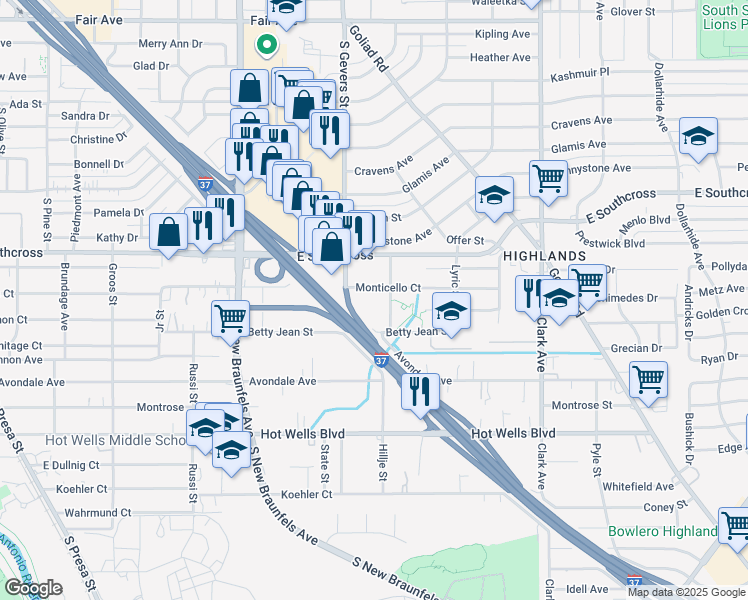 map of restaurants, bars, coffee shops, grocery stores, and more near 421 Betty Jean Street in San Antonio