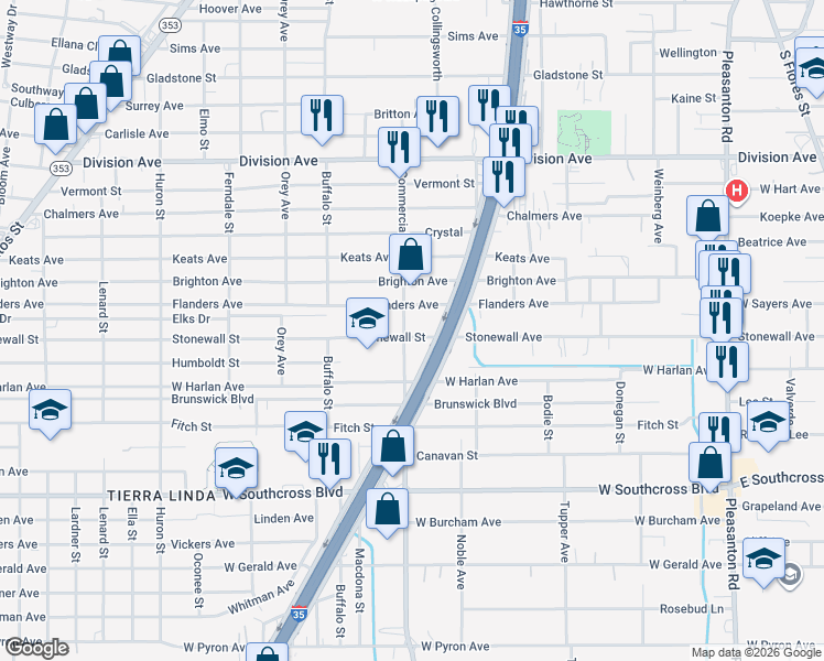 map of restaurants, bars, coffee shops, grocery stores, and more near 1018 Commercial Avenue in San Antonio