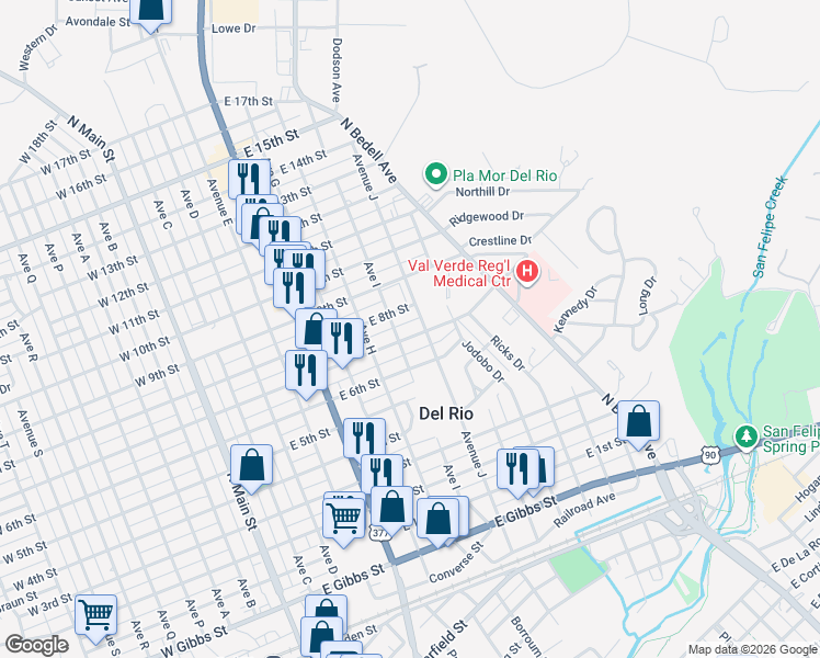 map of restaurants, bars, coffee shops, grocery stores, and more near 849-899 Ave I in Del Rio